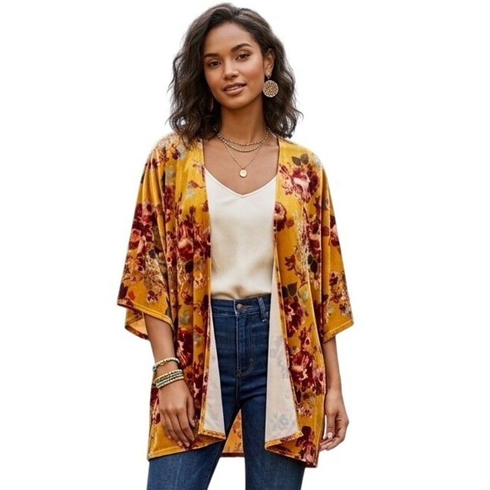Oddi Mustard Yellow Floral Velvet Kimono Open Front Cardigan One Size 3/4 Sleeve